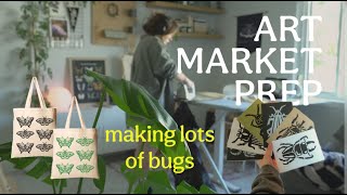 artists studio vlog  chatty art market prep, new tattoo, block printing, making lots of bugs