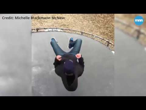 Boy Jumps Onto Frozen Trampoline Youtube
