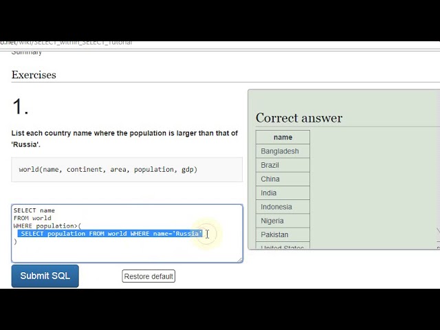 sqlzoo select in select 1 