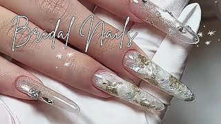Luxury Wedding Nails 💍 Long White Gel Nails with Delicate Gold Embroidery Nail Design