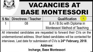jobs in Pakistan Air Force PAF Masroor Base Montessori Teaching Jobs 2018