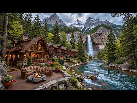 Calming Summer Nature Sounds with Waterfall 🌿🔥 Piano Music, Campfire, Bird to Study, Relax