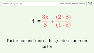 Linear equation with one unknown: Solve 4=1/8(3x+16) step-by-step solution