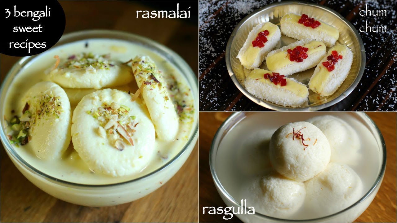 3 easy bengali sweets - rasgulla recipe | rasmalai recipe | chum chum recipe | Hebbar | Hebbars Kitchen