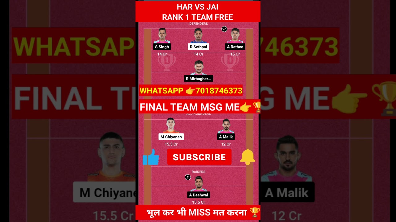 HAR vs JAI Dream11 Kabaddi,HAR vs JAI Dream11 Prediction,Haryana Steelers vs Jaipur Pink Panthers