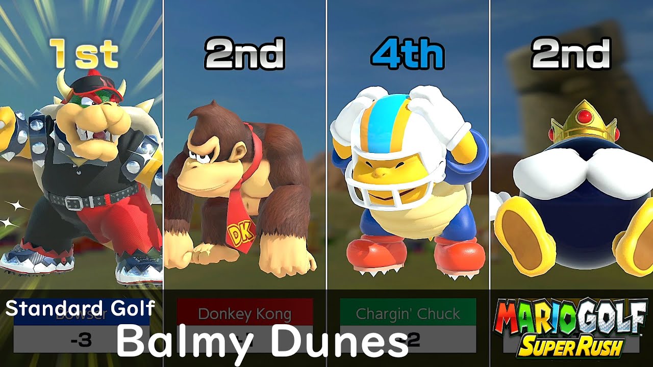 Mario Golf Super Rush Bowser vs Donkey Kong vs Chargin' Chuck vs King Bob omb in Balmy Dunes