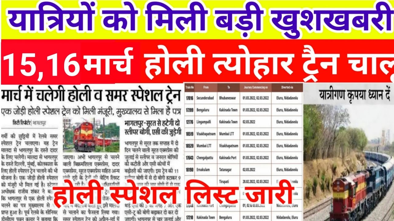 15,16 march new holi special train list out | holi festival special train 2022 |summer special train