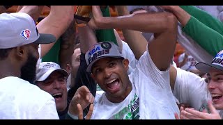 The Celtics raise the Bob Cousy Trophy as the 2022 Eastern Conference Champions!