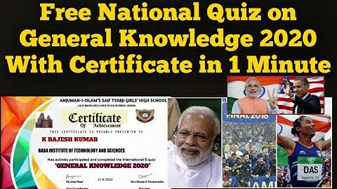Free National Quiz On General Knowledge (GK)with Certificate in 1 minute|free quiz|current affairs