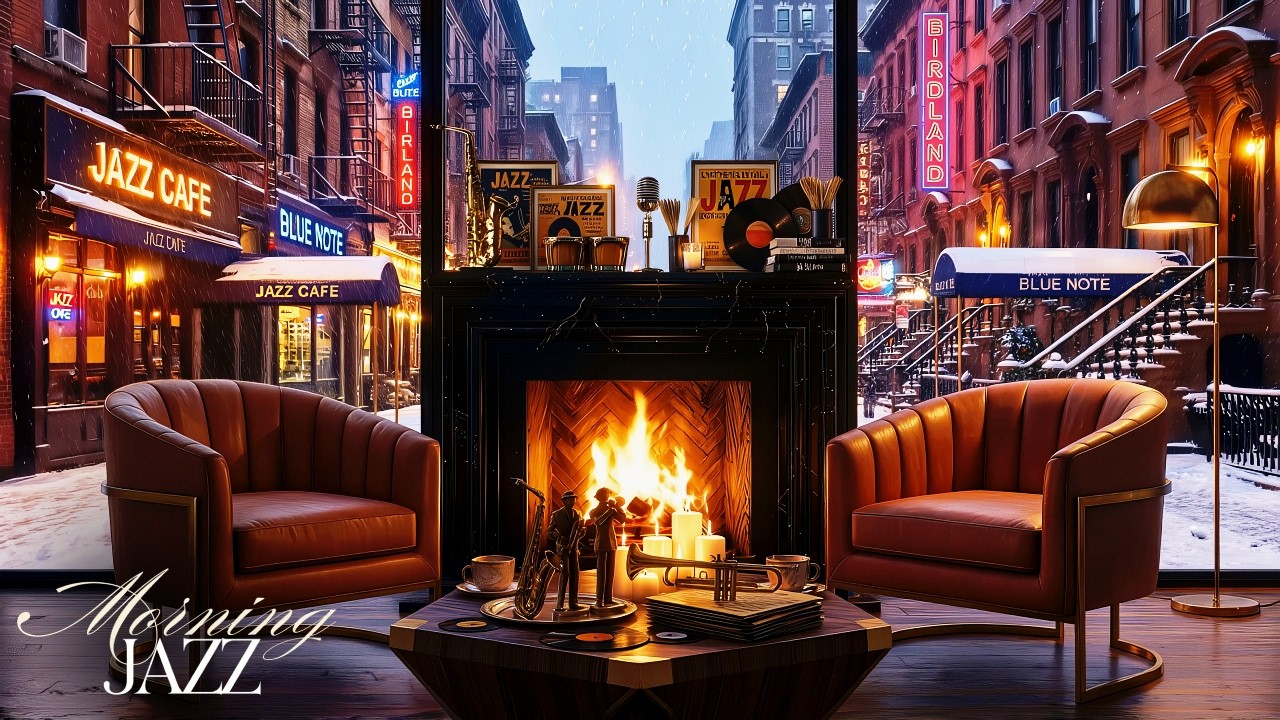 New York Jazz Café Fireplace Ambience ❄️ Snowy Winter Day with Soft Piano and Crackling Fire