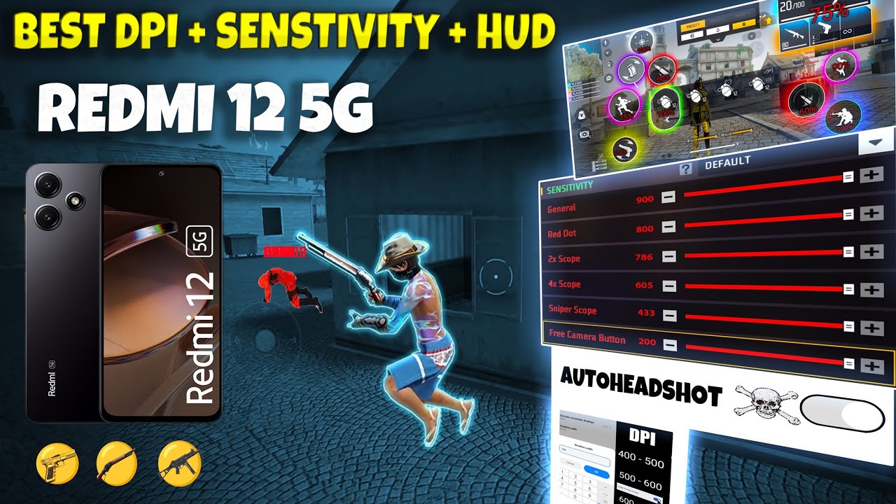 Redmi 12 5G free fire best auto headshot dpi hud sensitivity setting😱 | Redmi 12 5G free fire test📱