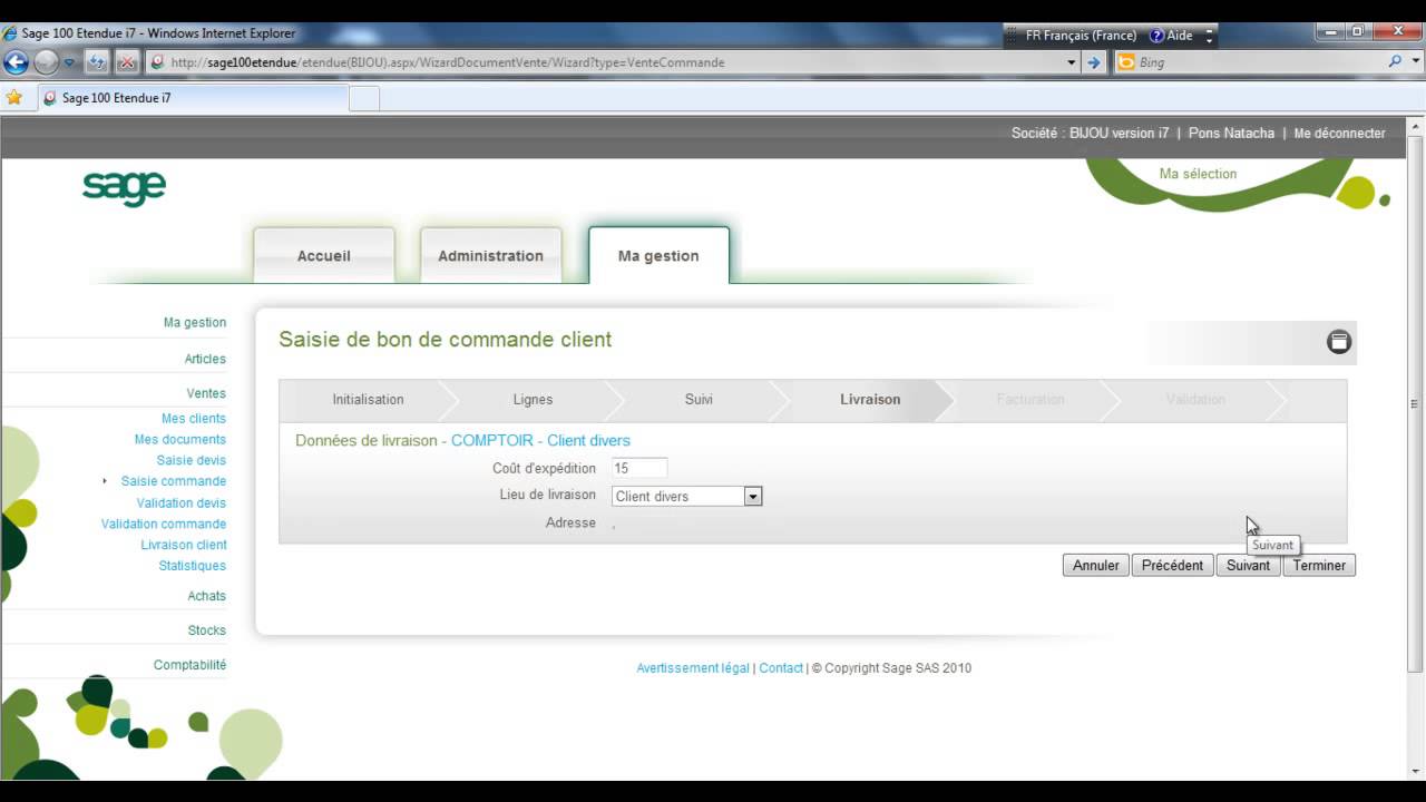 Sage 100 génération i7 avec l'Etendue Creation d'un bon de commande ...