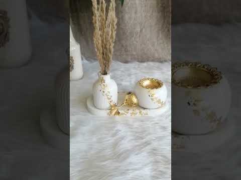 طقم كونكريت ديكورات عصريه مبخره كونكريت مبخره معدن ذهبي فازه وكوستر بيضاوي Trend 