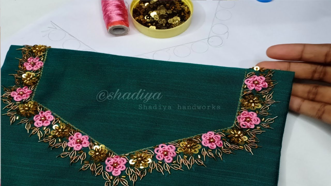 silk thread Ring knot flower and zardosi neck design for kurti salwar|hand embroidery kurti neckline