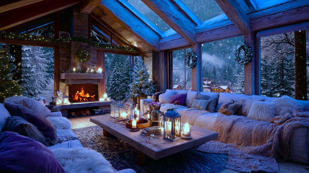 Winter Night in a Snowy Cabin 🔥| 3H Smooth Jazz | Fireplace & Snowfall for Study and Focus