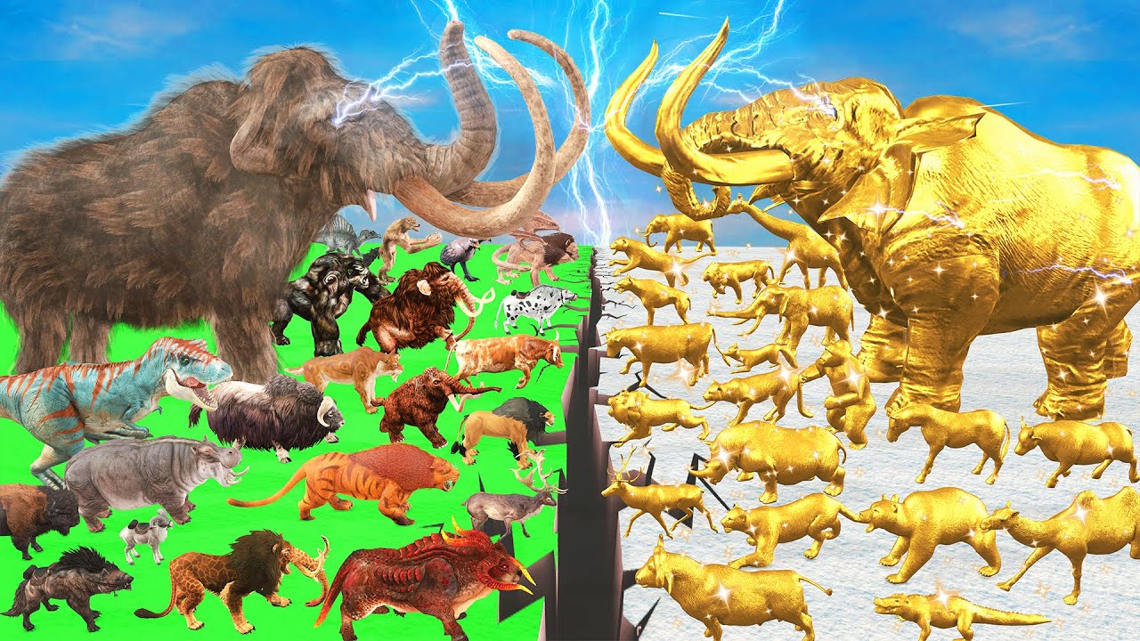 Prehistoric Animals Epic Battle Real Life Animals vs Golden Mammals Animal Revolt Battle Simulator