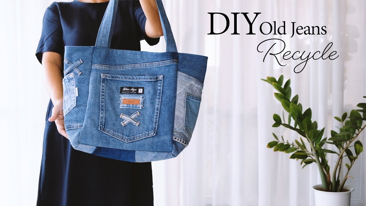 How to make a large denim bag decorated with pockets and labels