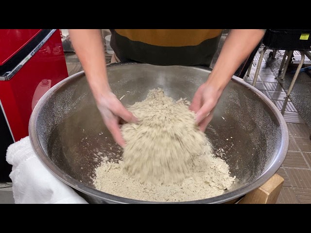 Soba Chef Shuji Makes Soba Noodles, Part 1: Mixing Soba Flour with Water class=