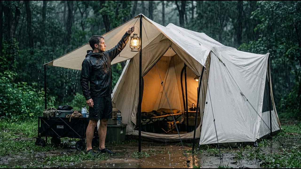 秀山荘 オリジナルソロテント 一人ぼっちの豪雨キャンプ ⛈️ 忘れられない24時間ソロサバイバル体験
