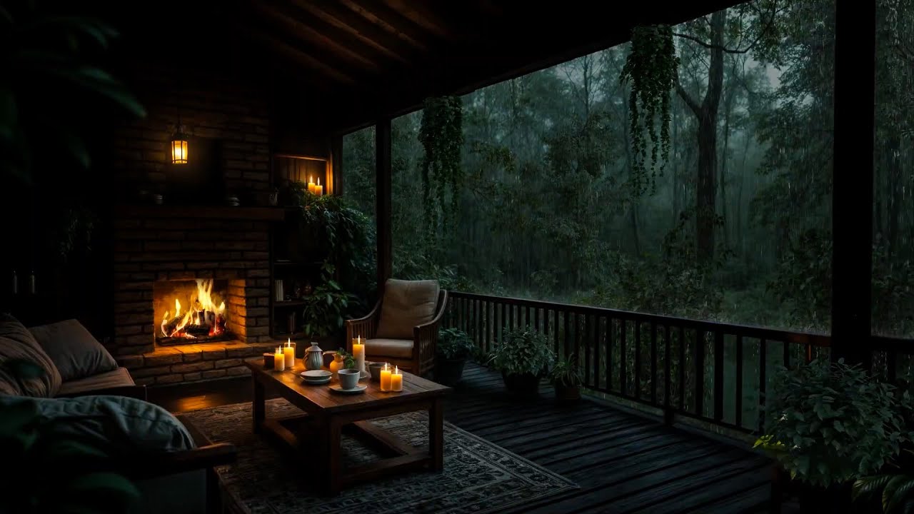 Cozy Forest Balcony In Deep Rain🌧 Sons relaxantes de chuva e lareira para dormir instantaneamente 🔥
