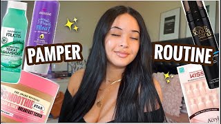 DRUGSTORE PAMPER ROUTINE : AFFORDABLE SKIN CARE + NAILS + SMOOTH, SHINY HAIR (UNDER $20) *self care*