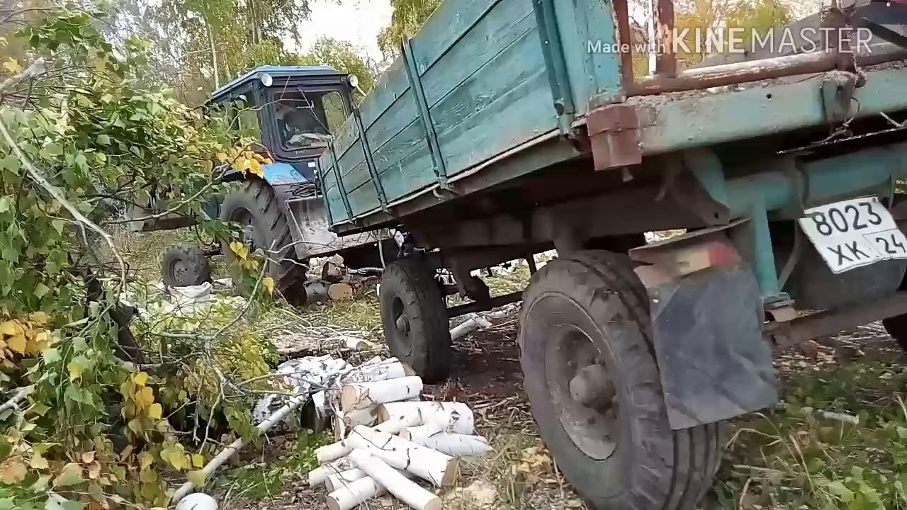 Трактор тянет прицеп. Погрузка дров трактором.