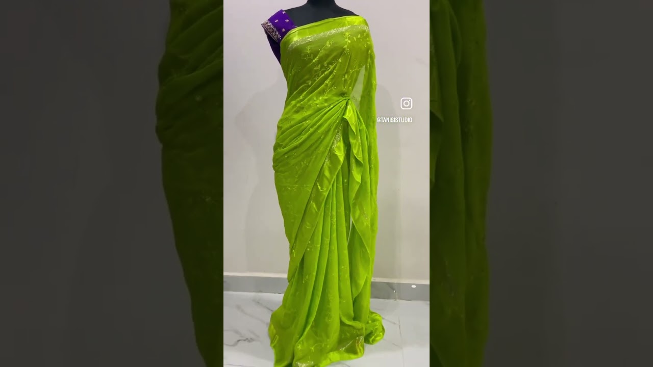 Alluring parrot green and purple  georgette chickenkari work saree with satin border 🍀💜