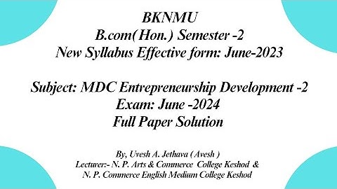 #bknmu | B.com(Hon.) Sem2 MDC Enterpreneurship Development-2| Exam 2024 Paper Solution | B.COM_SEM2