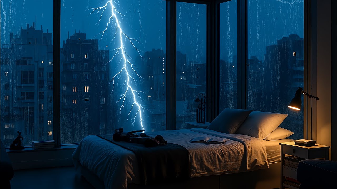 Deep Sleep Sanctuary: City Thunderstorm with Heavy Rain & Occasional Loud Thunder Claps