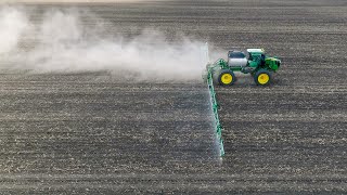 John Deere R4045 with a 120 ft boom spraying in Central Illinois