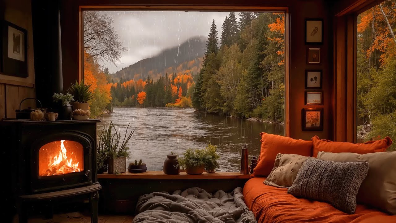 Cozy Autumn Rain In A Riverside Cabin 🍂🌧️ Fireplace Ambience For Deep ...