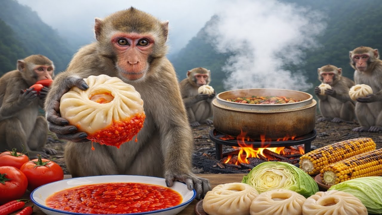 Giant Steamed Momos Cooked by Monkeys 🥟🔥 | Crazy Jungle Cooking