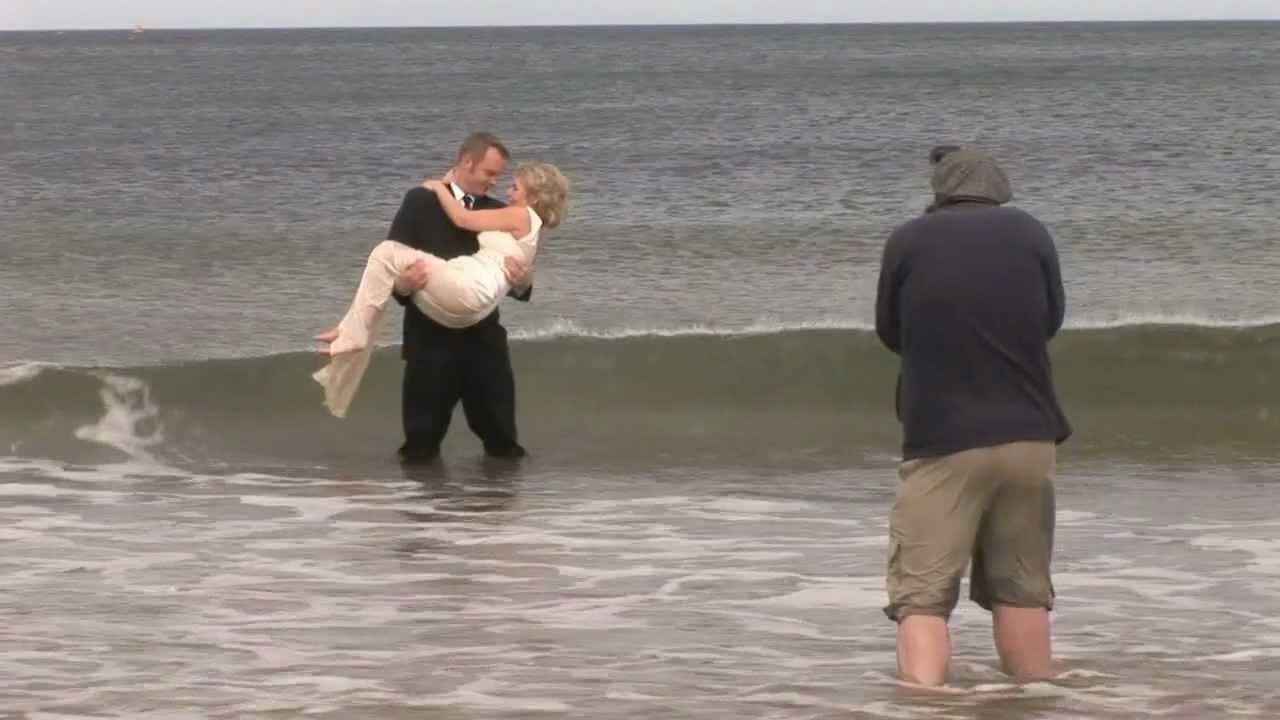 Bride drop - prankster groom throws bride in freezing north sea 