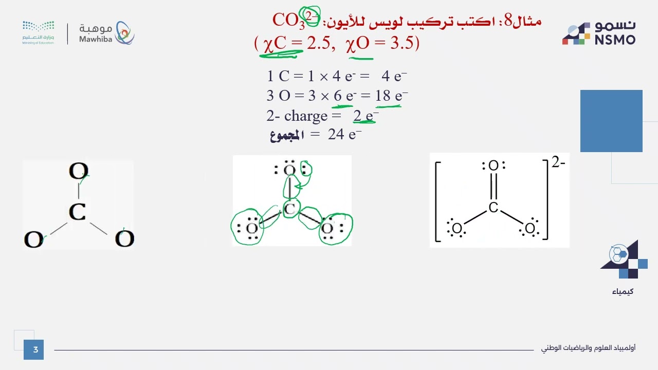 أولمبياد نسمو -تخصص الكيمياء- الدرس الثلاثون كتابة صيغ لويس للأيونات