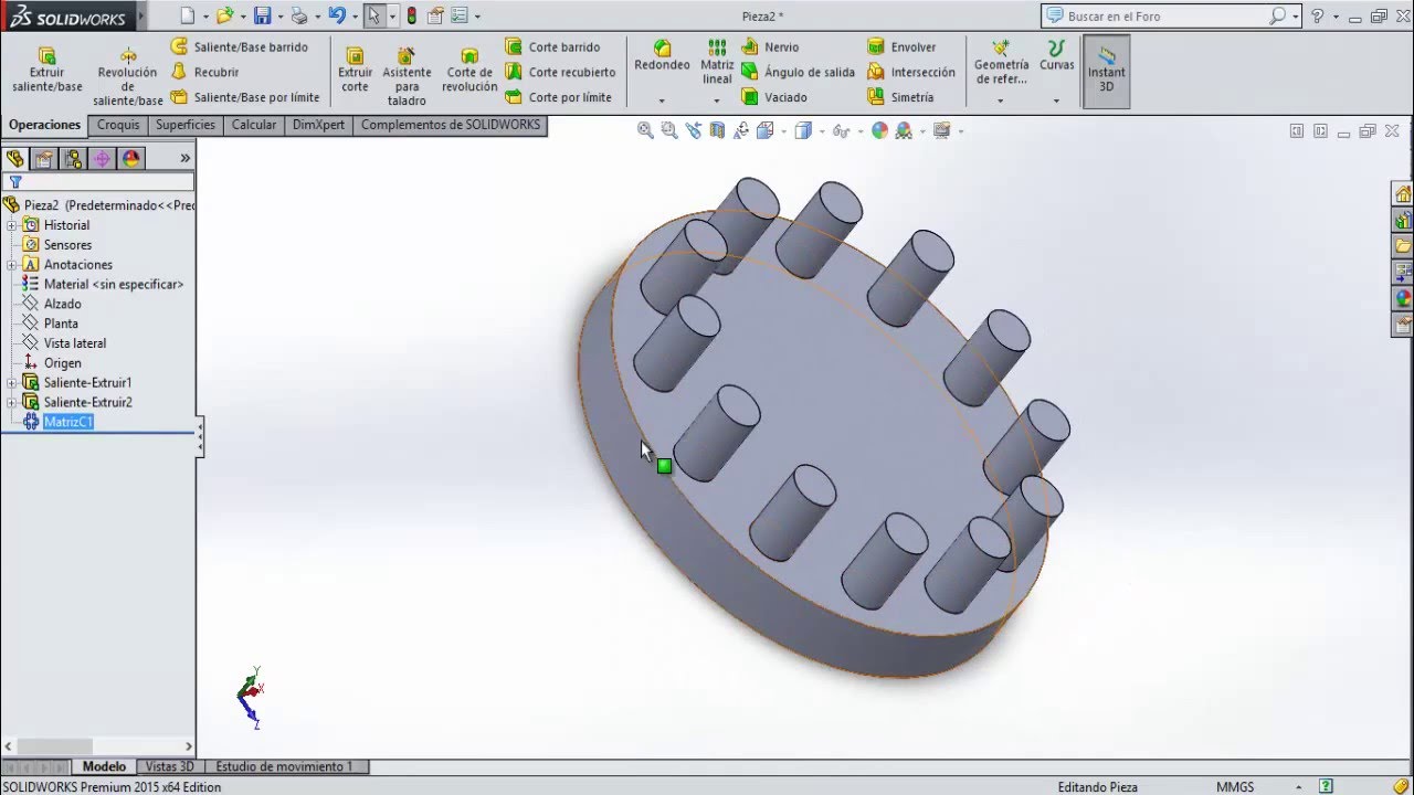 Tutorial de solidworks/Curso. Matriz lineal y Matriz circular. 10