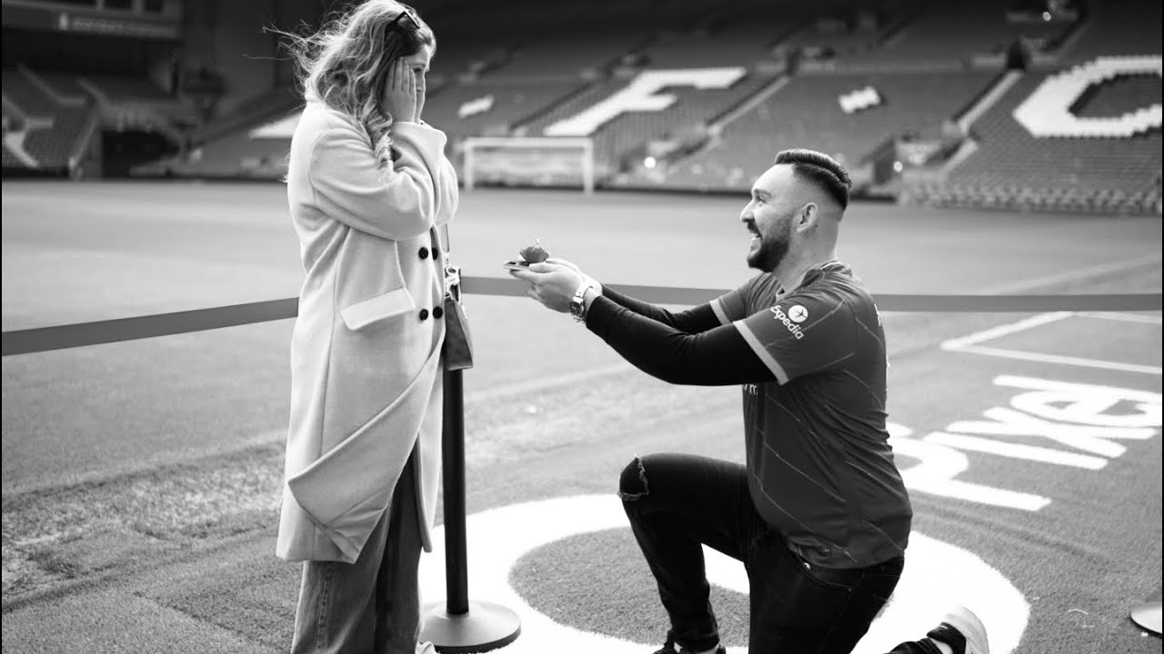Liverpool FC wedding and engagement proposal photos at Football Club Anfield Stadium.