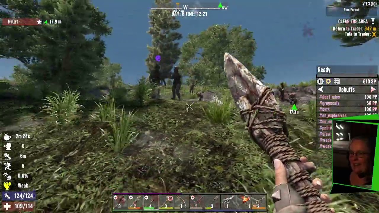 7 Days to Die - Learning Twitch integration - Soldier attack, early game. Slow zombies.