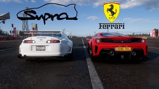 Modded Toyota Supra MK4 vs Ferrari 488 Pista drag race (Forza Horizon5)