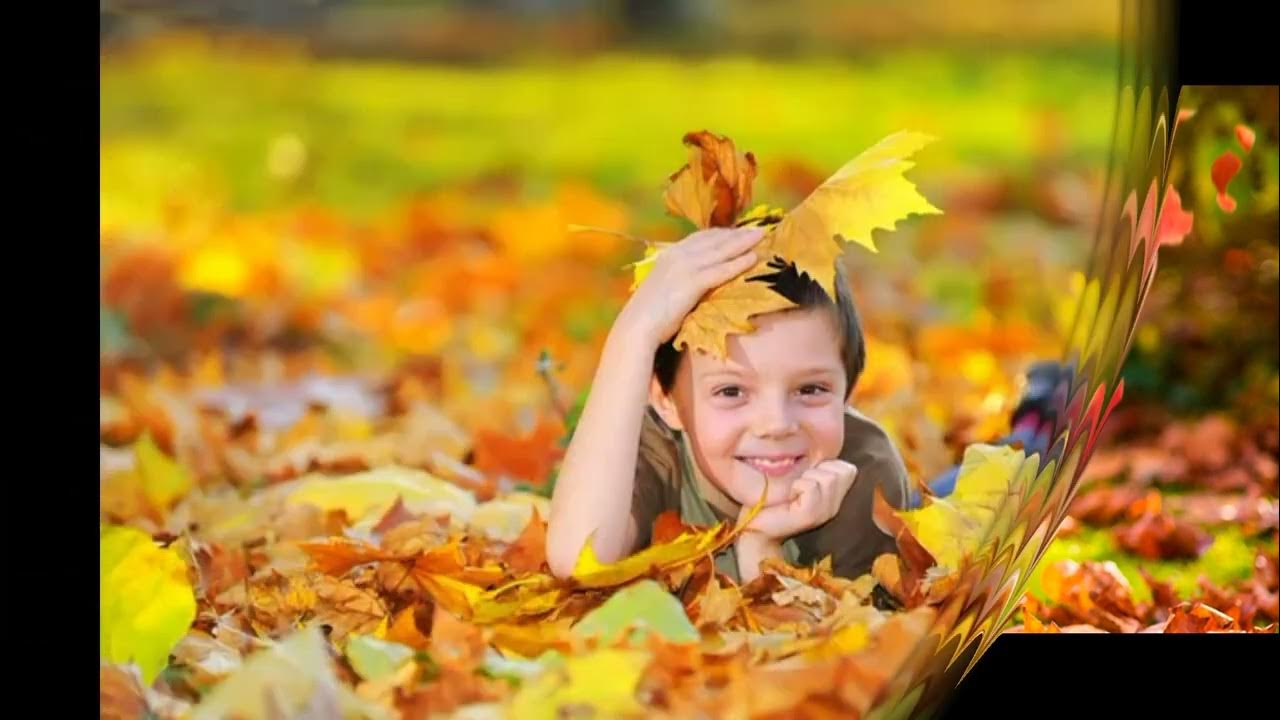 Он любит играть листьями. Портрет сентября. Дети играют с листьями. Будь счастлив мальчик с листком фото.