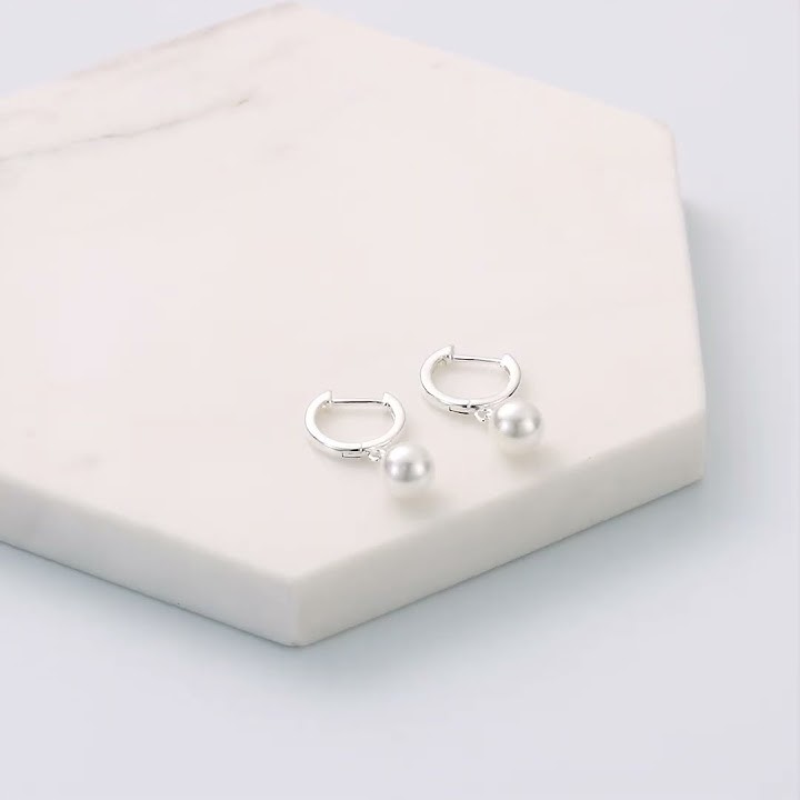 Silver Plated Pearl Drop Hoop Earrings by Philip Jones Jewellery