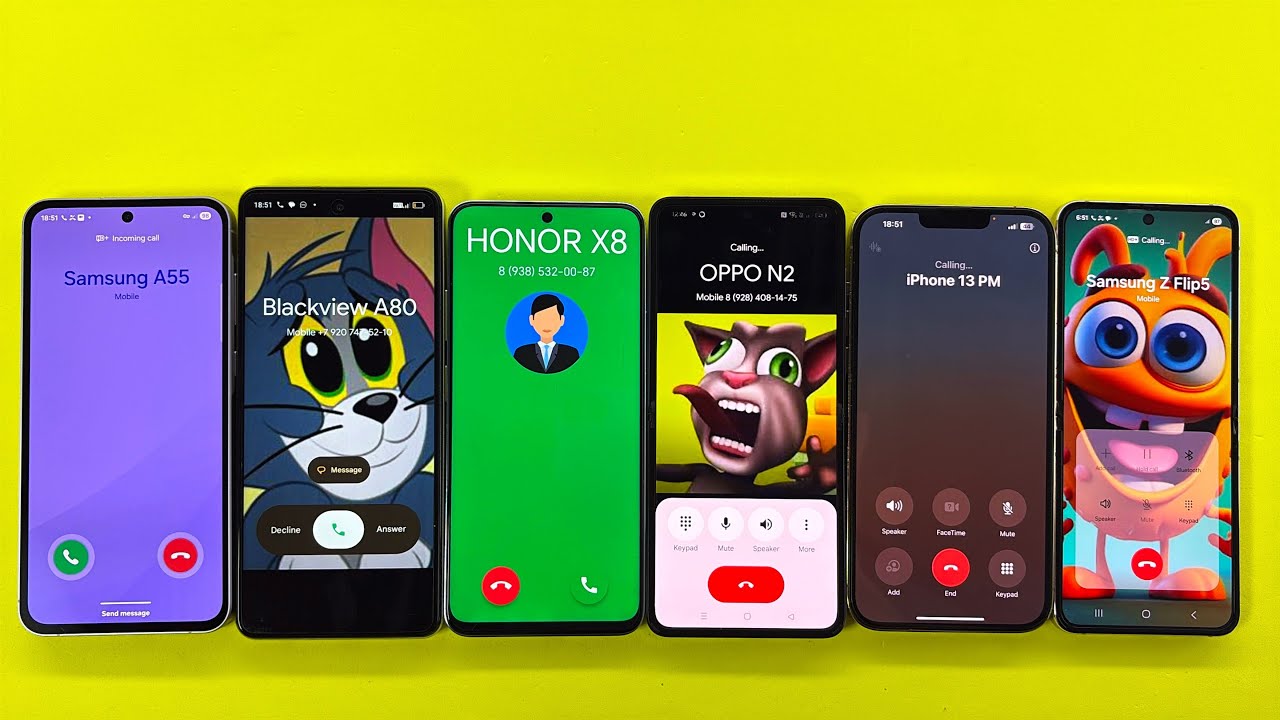 Incoming + Outgoing Call Samsung A55, Z Flip 5, OPPO Find N2 Flip, iPhone 13 PM, Honor 8, Blackview 