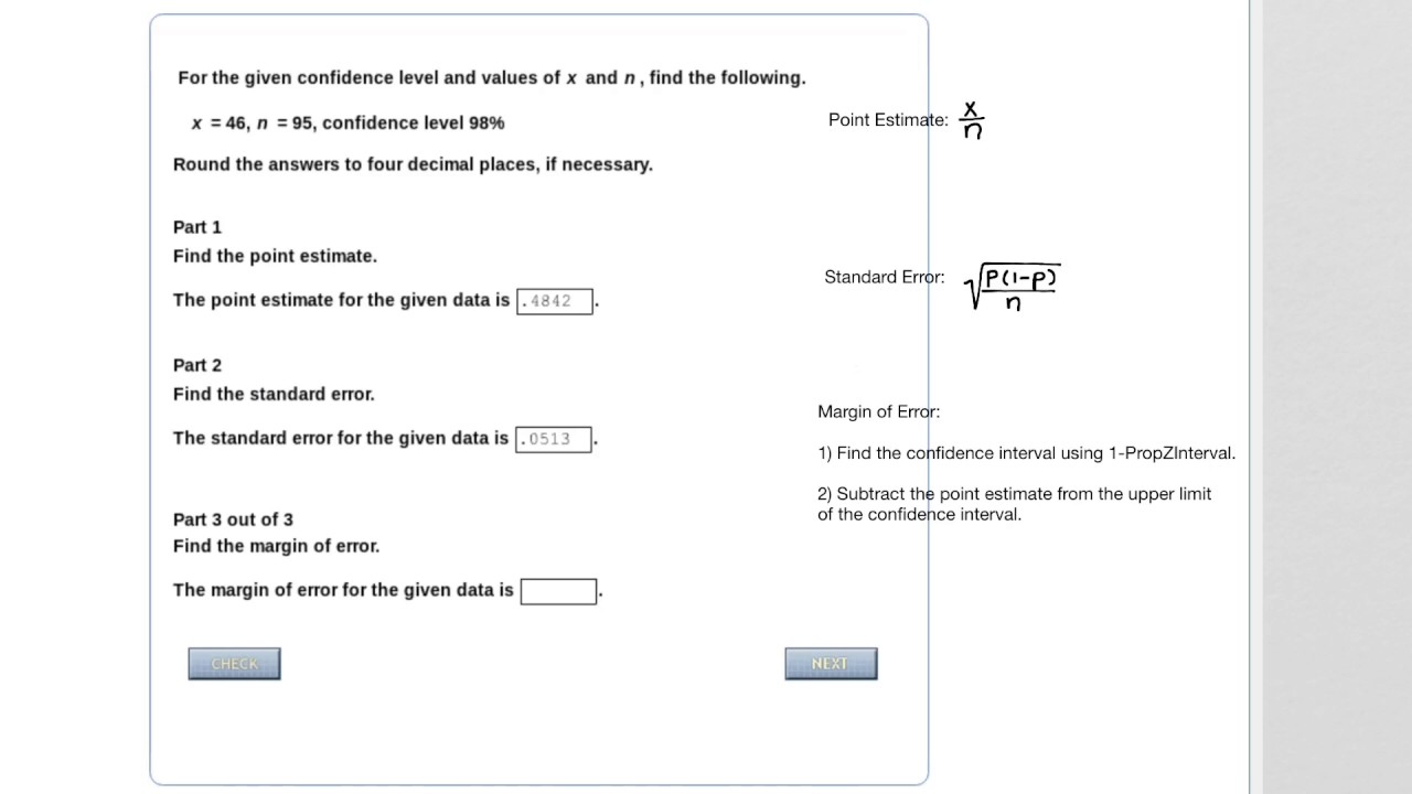 Statistics - 8.3, Find point estimate, standard error, and ...