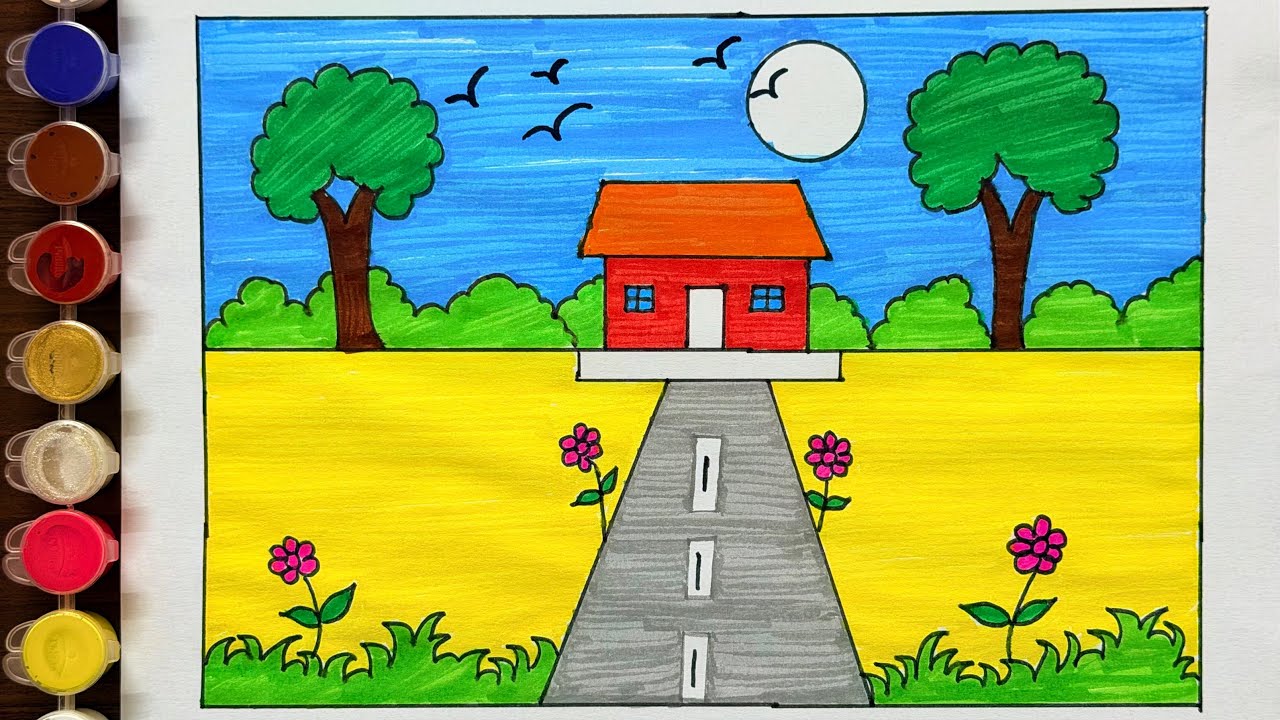 Very Easy House Scenery Drawing | How to Draw Scenery Step by Step | Easy scenery drawing for kids