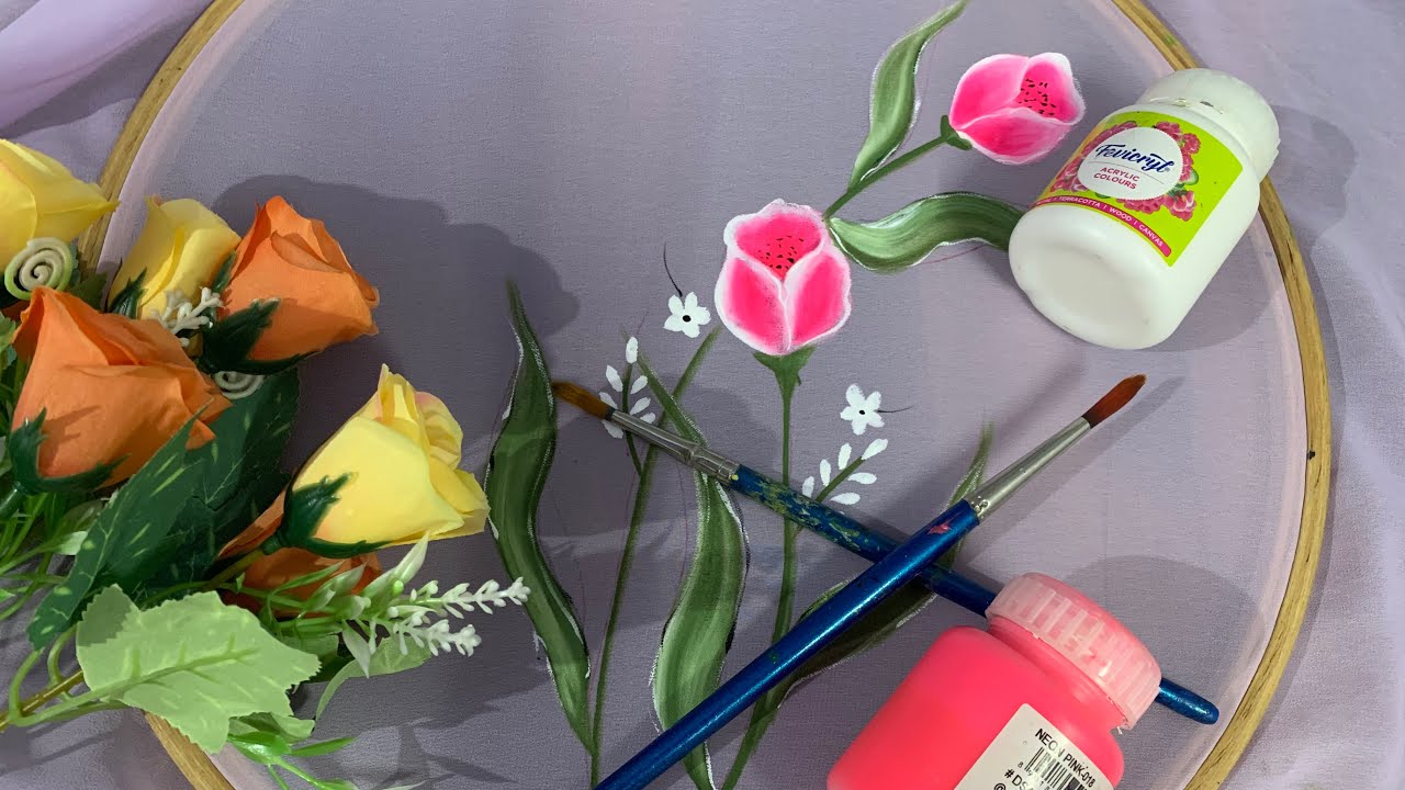 Painting of tulip flowers on fabric || tulip painting tutorial with acrylics