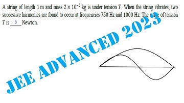 A string of length 1 m and mass 2 × 10−5 kg is under tension 𝑇. When the string vibrates, two