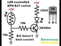 LDR controlled BJT switch circuit for LED using light dependent resistor aka photoresistor