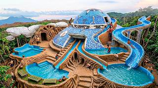 220 Days Building a UFO Dome Water Palace with Spiral Slides on a Steep Cliff Using Primitive Tools