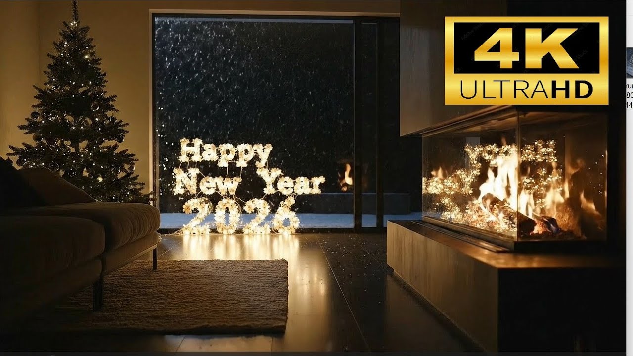 New Year 2026 Cozy Winter Cabin Ambience | Fireplace Crackling Sounds & snowfall for Sleep | No Ads