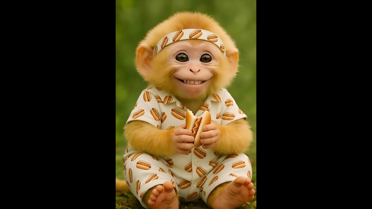 "Cute Monkey Eating Hot Dog 😁🐒🌭" 