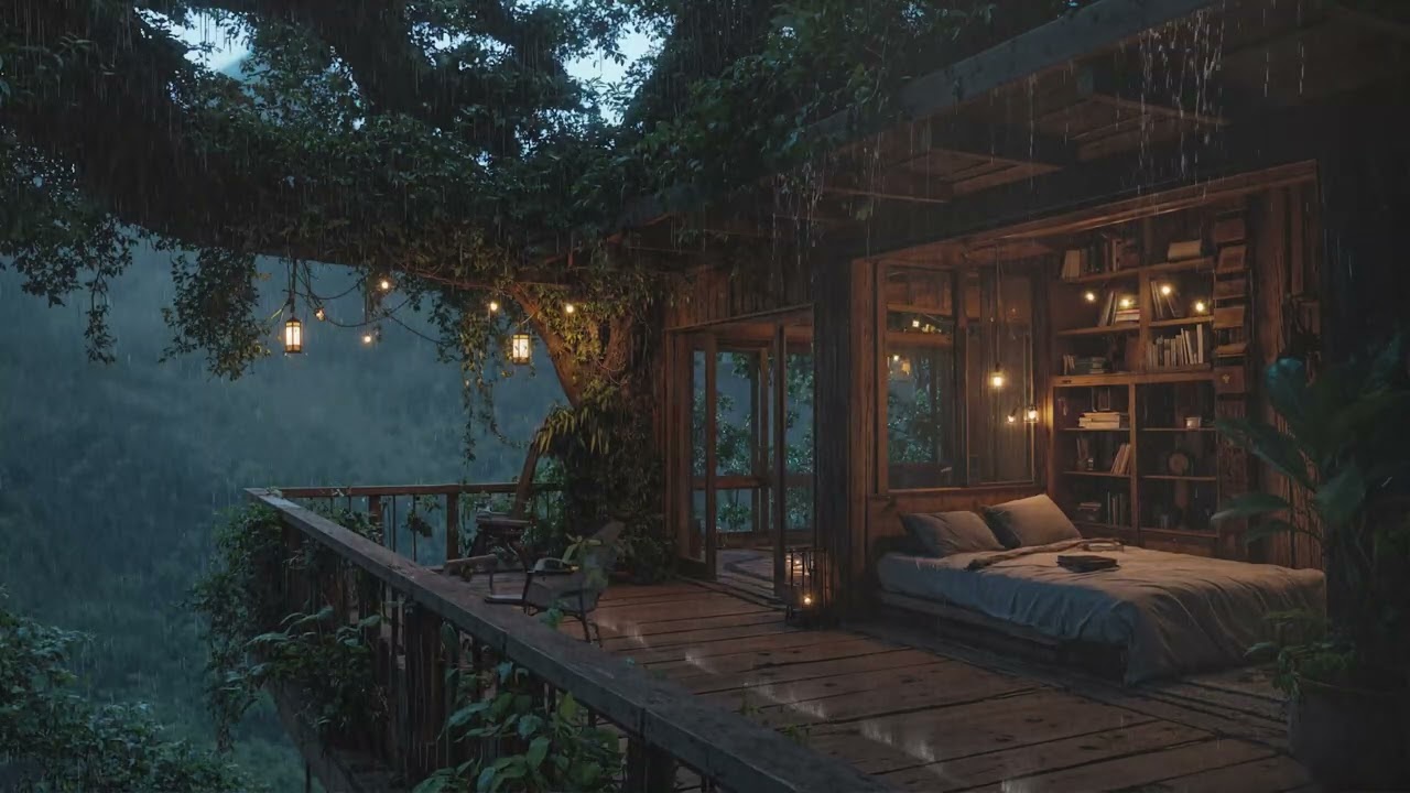 Soft Rain Sounds Through the Trees Around Wooden Cozy Cabin 🌧️🌲 Calm Night Sleep Ambience